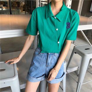 Short-sleeve Embroidered Number Asymmetric Buttoned T-shirt
