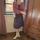 Long-sleeve Plain Cropped Knit Cardigan / Floral Print Spaghetti-strap Dress