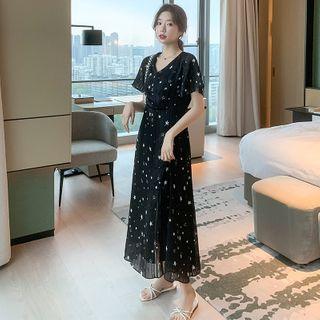 Star Print Short-sleeve Maxi A-line Chiffon Dress