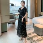 Star Print Short-sleeve Maxi A-line Chiffon Dress