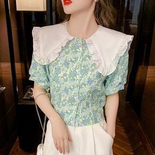 Elbow-sleeve Collar Floral Blouse