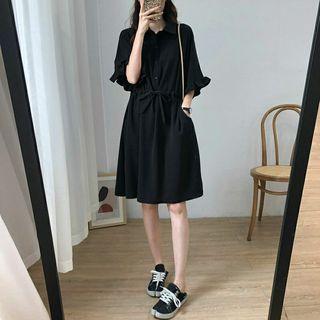 Elbow-sleeve Henley Drawstring Shirt Dress