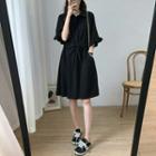 Elbow-sleeve Henley Drawstring Shirt Dress