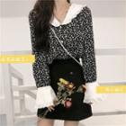 Long-sleeve Collar Floral Blouse Black - One Size