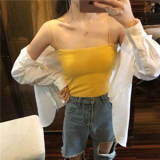 Slit Back Shirt / Camisole Top / Ripped Straight Cut Jeans