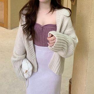 Plain Loose-fit Long-sleeve Knit Jacket / Plain Sleeveless Knit Top / Plain High-waist Slim-fit Skirt