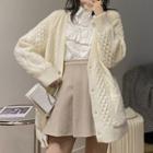 Long-sleeve Frill Trim Shirt / Cable Knit Cardigan / Pleated Mini A-line Skirt