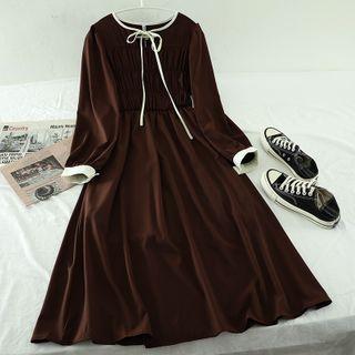Bow-neck Long-sleeve Midi A-line Dress