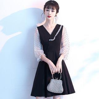 Dotted Mesh-sleeve Mini A-line Dress