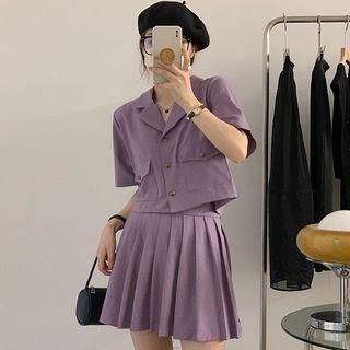Set: Short Sleeve Plain Pocket Front Shirt + High Waist Pleated Mini Skirt