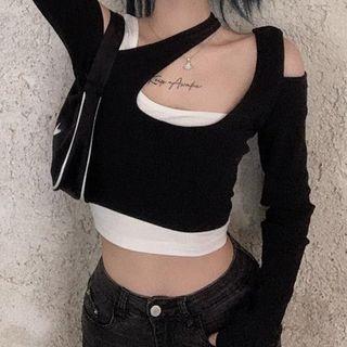 Long-sleeve Mock Two-piece Cutout Crop Top