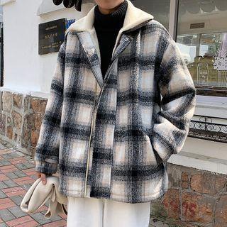 Plaid Fleece-collar Zipped Jacket