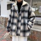 Plaid Fleece-collar Zipped Jacket