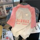 Elbow-sleeve Collar Lettering Raglan T-shirt