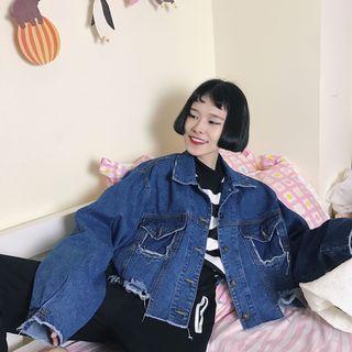 Distressed Denim Jacket As Shown In Figure - One Size