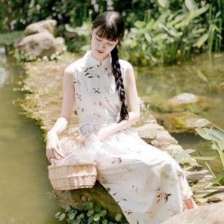 Mandarin Collar Floral Sleeveless Midi A-line Dress