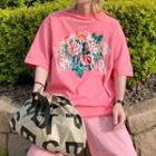 Flower Print Letter Embroidered T-shirt