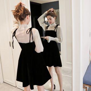 Set: Plain Mock Neck Long Sleeve Top + Spaghetti Strap A-line Dress