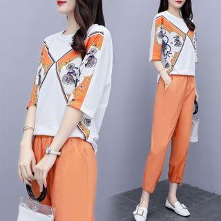 Set: Patterned Short-sleeve Top + Crop Pants