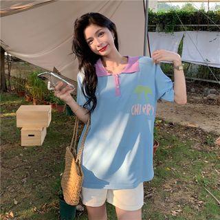 Short-sleeve Knit Polo Shirt Airy Blue - One Size