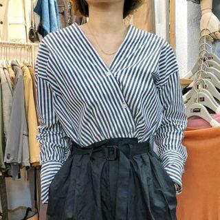 Long-sleeve V-neck Striped Blouse Blue - One Size