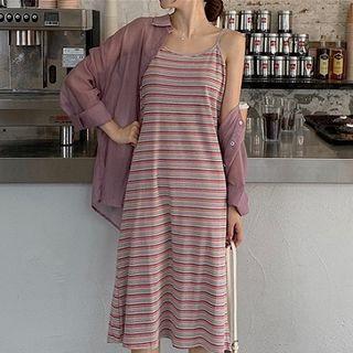 Light Shirt / Striped Spaghetti Strap Midi Dress