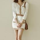 Set: Contrast Trim Cardigan + Mini Pencil Skirt White - One Size