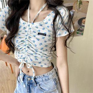 Short-sleeve Drawstring Floral T-shirt White - One Size