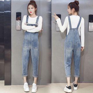 Set: Long-sleeve Plain T-shirt + Denim Jumper Pants / Denim Jumper Pants