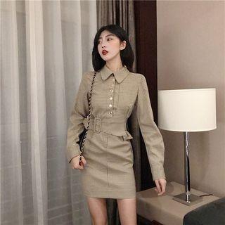 Buckled Long-sleeve Plaid Sheath Dress