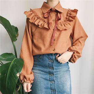 Ruffle-trim Tie-neck Pinstripe Shirt