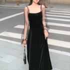 Long-sleeve Mesh Panel Velvet Midi A-line Dress