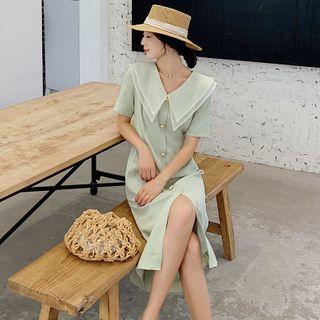 Buttoned Short-sleeve Midi A-line Chiffon Dress