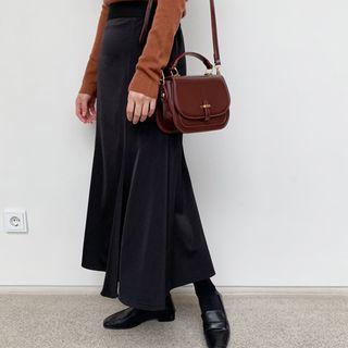 Band-waist Maxi Satin Flare Skirt