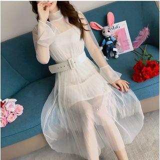 Set: Spaghetti Strap Mini Slipdress + Long-sleeve Pleated Midi Dress