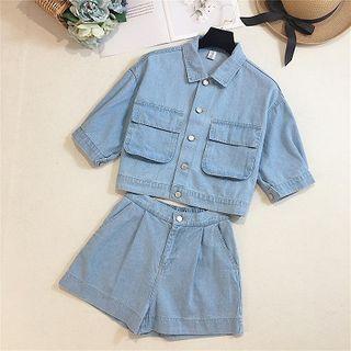 Set: Denim Short-sleeve Cropped Shirt + Wide-leg Shorts