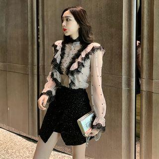 Lace Trim Mesh Blouse / High Waist Mini Skirt