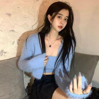 Fluffy Cardigan / Spaghetti Strap Top Set Of 2 - Blue - One Size