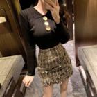Plain Long-sleeve Slim-fit Knit Top / Tweed Skirt