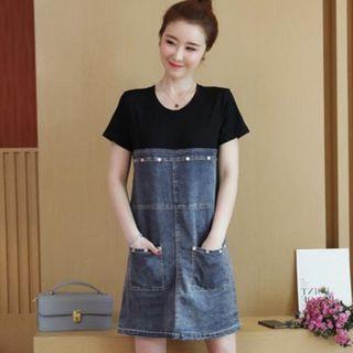Short-sleeve Denim Panel Mini Shift Dress