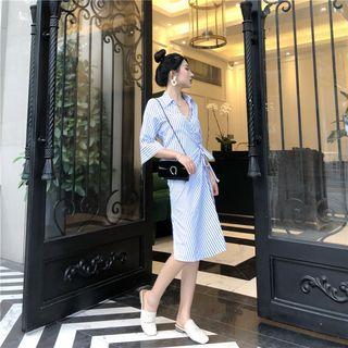 Elbow-sleeve Tie-waist Pinstriped Shirtdress Stripe - One Size