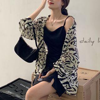 Zebra Print Shirt / Spaghetti Strap Side-slit Mini Sheath Dress
