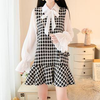 Set: Plaid Sleeveless A-line Dress + Blouse