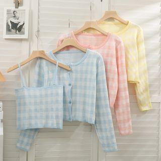 Set: Checker Knit Camisole Top + Light Cardigan