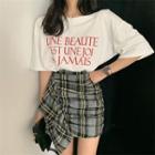Letter Print Short Sleeve T-shirt / Ruffled Plaid Ruched Mini Skirt