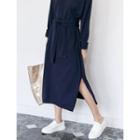 Wool Blend Long Knit Dress With Sash