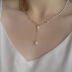 Faux Pearl Pendant Y Necklace 01# - Gold & Off-white - One Size