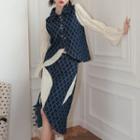 Puff-sleeve Patterned Denim Top / Asymmetrical Midi A-line Denim Skirt