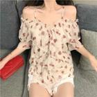 Short-sleeve Spaghetti-strap Floral Blouse As Shown In Figure - One Size
