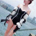 Beribboned Long-sleeve Cold Shoulder Swimsuit